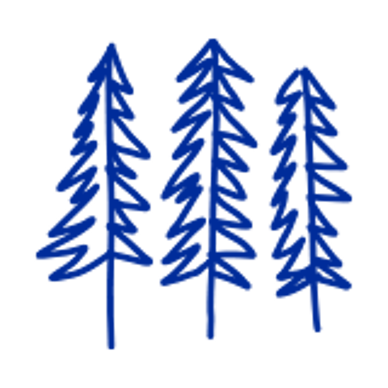The image shows a simple, hand-drawn style illustration of three evergreen trees, possibly pine or fir trees. They are depicted in a solid blue color against a white background. The trees are stylized with jagged edges to represent the needles and branches, giving them a whimsical and slightly abstract appearance. The trunks are simple vertical lines.